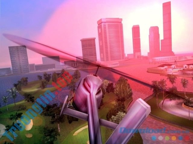 Điều khiển trực thăng quan sát toàn cảnh thành phố từ trên không trong game hành động Grand Theft Auto: Vice City cho máy tính và Mac
