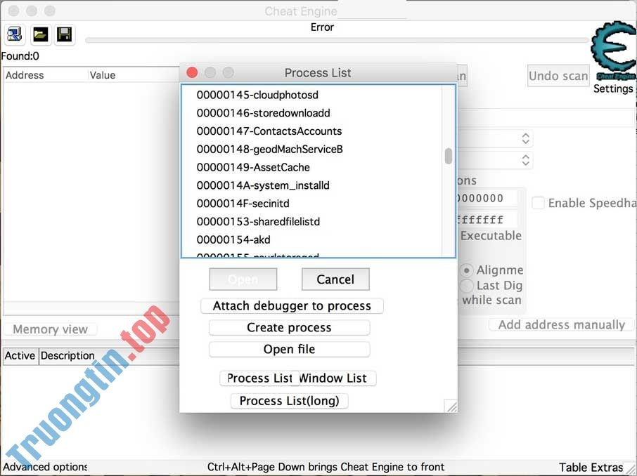 Một quá trình xử lý lỗi trên Cheat Engine for Mac