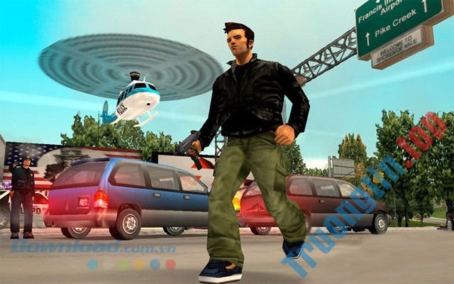Nhân vật có thể lái trực thăng, ô tô và nhiều phương tiện khác trong game hành động Grand Theft Auto III cho Mac