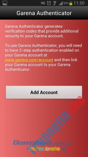 Giao diện ứng dụng Garena Authenticator