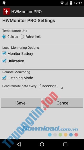 Giao diện sử dụng ứng dụng HWMonitor PRO trên Android