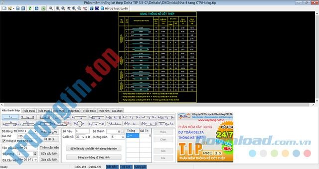 Giao&nbsp;diện&nbsp;chính&nbsp;của&nbsp;phần&nbsp;mềm&nbsp;thống&nbsp;kê&nbsp;cốt&nbsp;thép&nbsp;Tip
