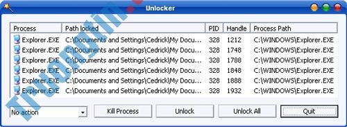 Cửa sổ chứa danh sách file bị khóa của Unlocker