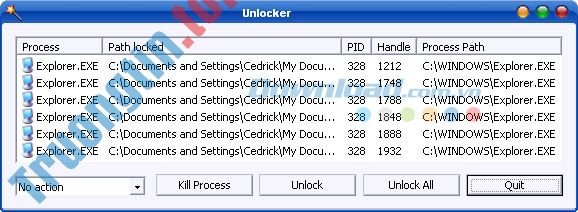 Danh sách file bị khóa hiển thị trong Unlocker