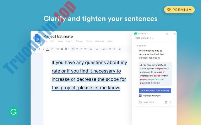 Grammarly add-on đề xuất câu từ chuẩn ngôn ngữ Anh