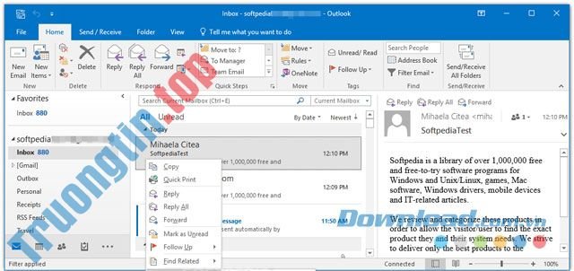 Giao diện chính của ứng dụng Outlook cho máy tính