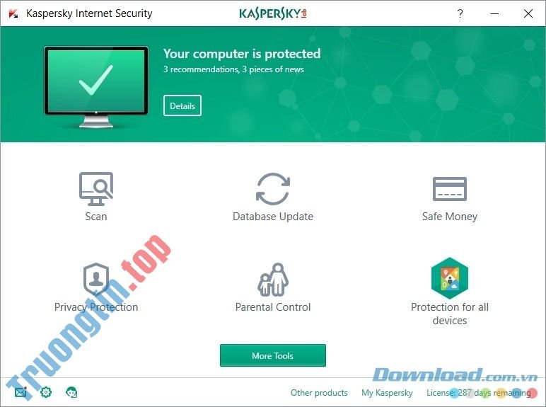 Giao diện làm việc chính của Kaspersky Internet Security 2018