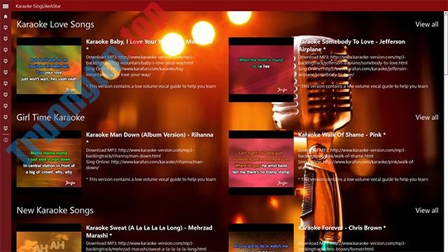 Karaoke SingLikeAStar phân loại các bài hát theo chủ đề như tình ca bất hủ, nhạc mới, Acoustic...