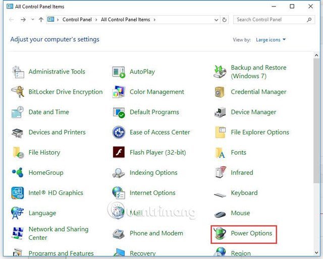 Chọn Power Options