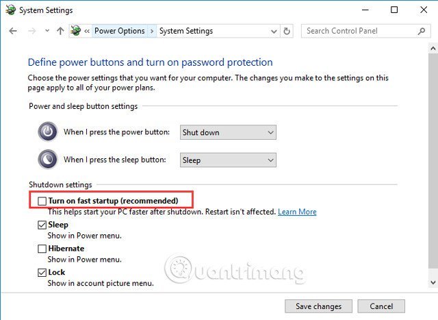 Bỏ chọn Turn on fast startup