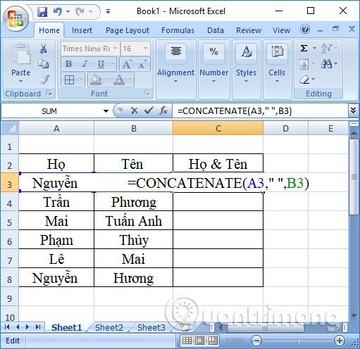 Sử&nbsp;dụng&nbsp;hàm&nbsp;Concatenate&nbsp;nối&nbsp;cột&nbsp;Excel