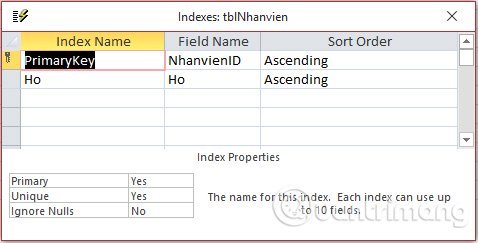 Sử dụng Chỉ mục (Index) trong Access 2016