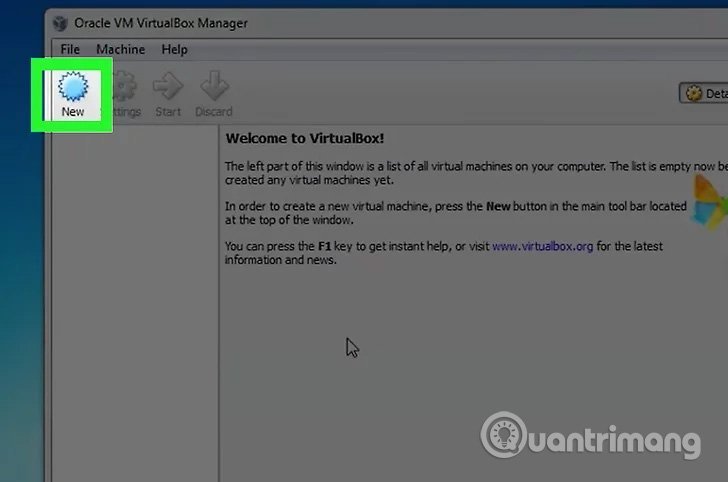 Trên VirtualBox, nhấp chuột vào nút “New” để khởi động thuật hướng dẫn cài đặt máy ảo.