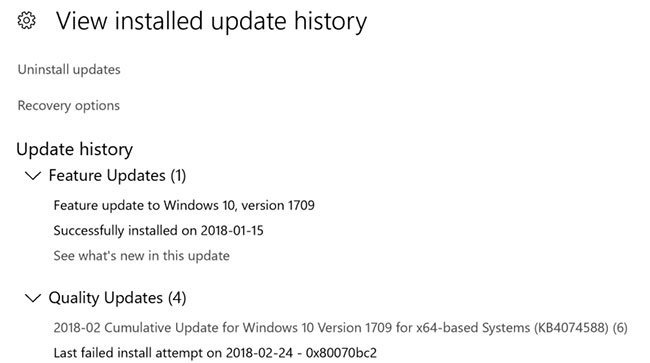 Trang lịch sử cài đặt Windows Update hiển thị lỗi sau trong (các) bản cập nhật cụ thể