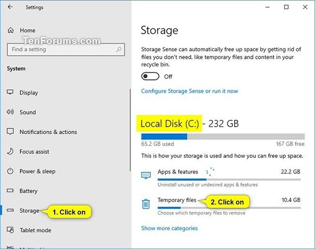 Nhấn vào Temporary files trong ổ Local Disk C: trong Storage ở phía bên phải