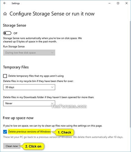 Chọn hộp Delete previous versions of Windows ở dưới cùng