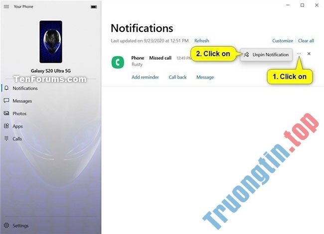 Cách ghim và bỏ ghim thông báo trong ứng dụng Your Phone trên Windows 10