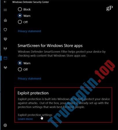 Cuộn&nbsp;xuống&nbsp;trang&nbsp;tiếp&nbsp;theo&nbsp;và&nbsp;nhấp&nbsp;chọn&nbsp;Exploit&nbsp;protection&nbsp;settings