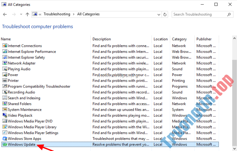 chọn&nbsp;Windows&nbsp;Update&nbsp;troubleshooter&nbsp;từ&nbsp;danh&nbsp;sách