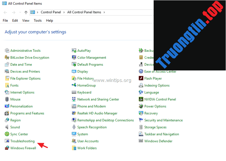 tìm&nbsp;và&nbsp;click&nbsp;chọn&nbsp;Troubleshooting