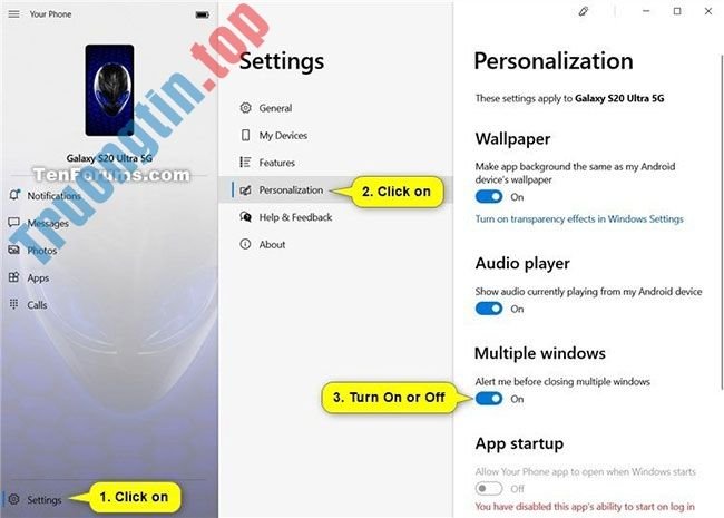 Cách bật/tắt tùy chọn hỏi trước khi đóng nhiều cửa sổ trong Your Phone trên PC Windows 10