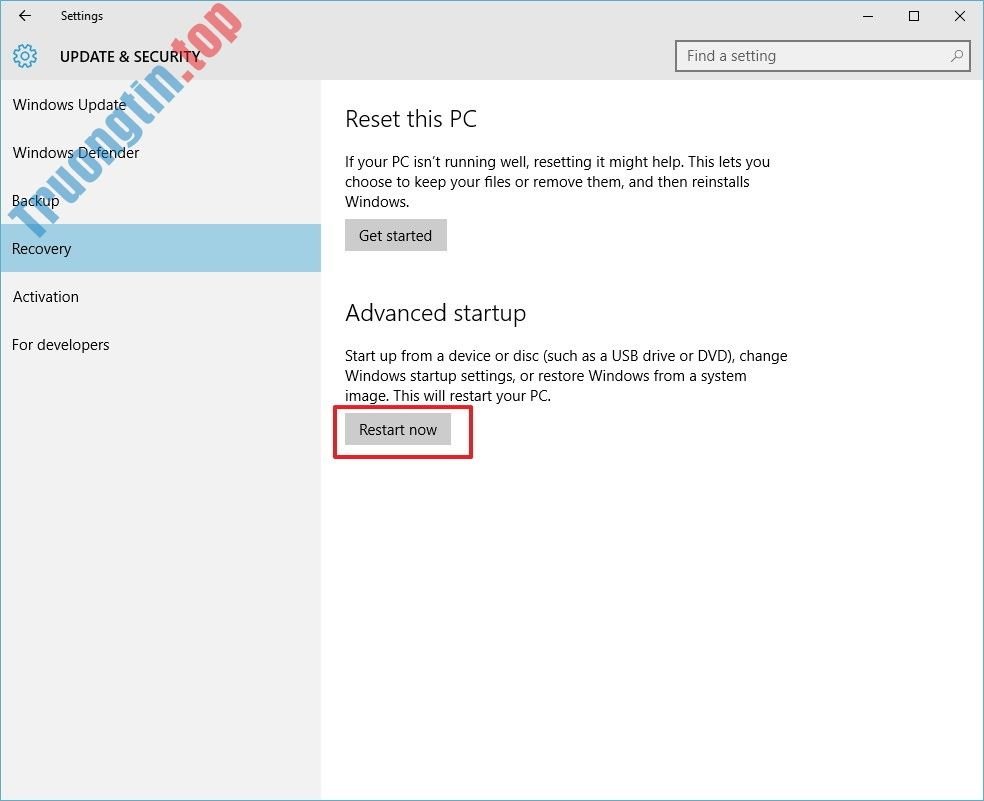 Dưới&nbsp;mục&nbsp;Advanced&nbsp;startup&nbsp;bạn&nbsp;click&nbsp;chọn&nbsp;Restart&nbsp;now