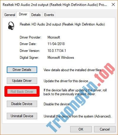 Chọn&nbsp;Properties,&nbsp;sau&nbsp;đó&nbsp;nhấp&nbsp;tiếp&nbsp;vào&nbsp;tab&nbsp;Driver&nbsp;và&nbsp;click&nbsp;chọn&nbsp;Roll&nbsp;Back&nbsp;Driver.
