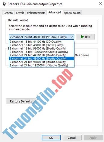 Cố&nbsp;gắng&nbsp;tìm&nbsp;kiếm&nbsp;định&nbsp;dạng&nbsp;mặc&nbsp;định&nbsp;(Default&nbsp;Format)&nbsp;của&nbsp;tai&nbsp;nghe,&nbsp;sau&nbsp;mỗi&nbsp;lần&nbsp;thay&nbsp;đổi,&nbsp;bạn&nbsp;bấm&nbsp;vào&nbsp;Test&nbsp;để&nbsp;xem&nbsp;tai&nbsp;nghe&nbsp;có&nbsp;hoạt&nbsp;động&nbsp;hay&nbsp;không.