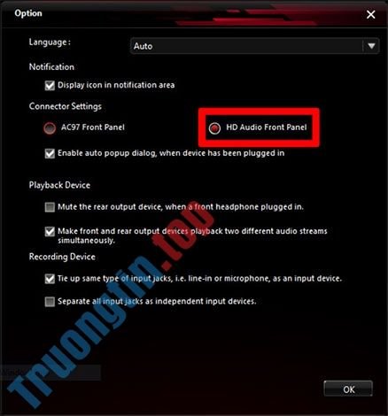 Bạn&nbsp;nhìn&nbsp;xuống&nbsp;mục&nbsp;Connector&nbsp;Settings&nbsp;và&nbsp;có&nbsp;thể&nbsp;thấy&nbsp;tùy&nbsp;chọn&nbsp;HD&nbsp;Audio&nbsp;Front&nbsp;Panel&nbsp;đã&nbsp;được&nbsp;bật.