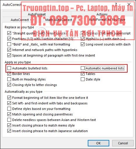 Cách hủy tự động đánh số đầu dòng trong Word