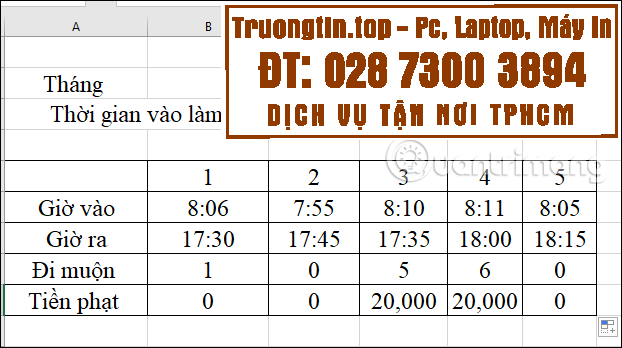 Cách&nbsp;tính&nbsp;tiền&nbsp;phạt&nbsp;đi&nbsp;muộn&nbsp;trong&nbsp;Excel