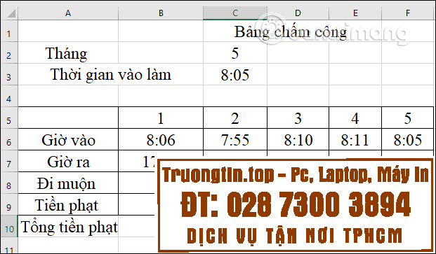 Cách&nbsp;tính&nbsp;tiền&nbsp;phạt&nbsp;đi&nbsp;muộn&nbsp;trong&nbsp;Excel