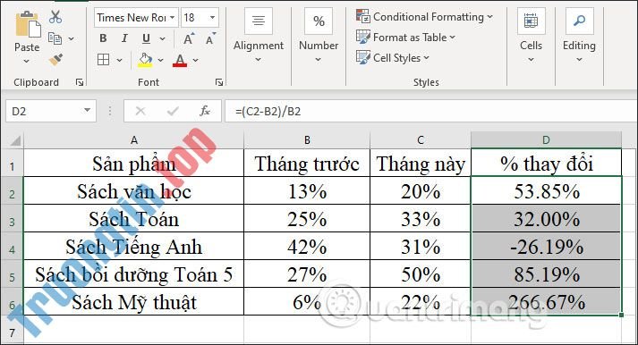 Cách&nbsp;tính&nbsp;phần&nbsp;trăm&nbsp;trong&nbsp;Excel