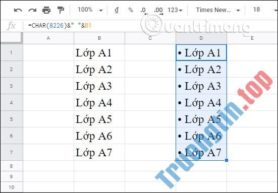 Cách&nbsp;thêm&nbsp;bullet&nbsp;trong&nbsp;Google&nbsp;Sheets