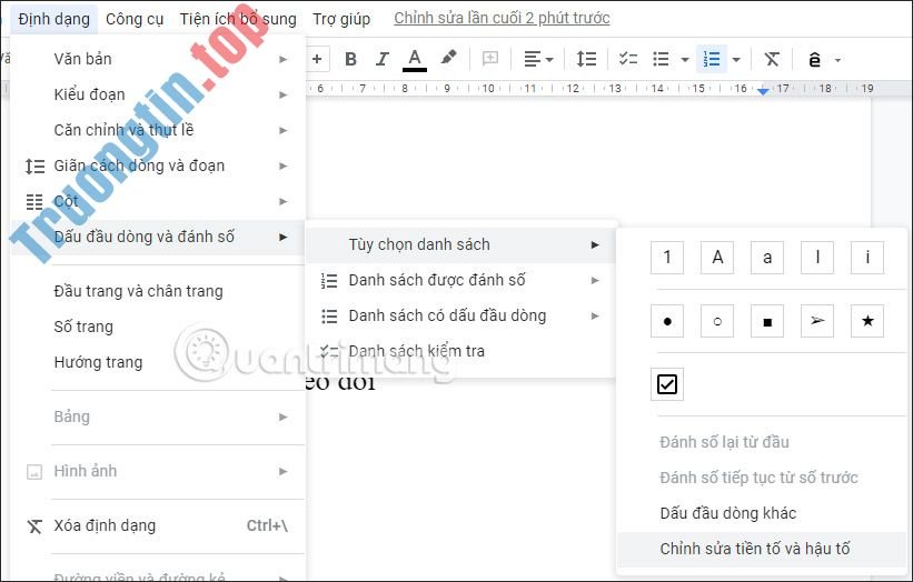 Cách&nbsp;chèn&nbsp;tiền&nbsp;tố&nbsp;và&nbsp;hậu&nbsp;tố&nbsp;vào&nbsp;list&nbsp;Google&nbsp;Docs