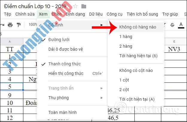 Cách&nbsp;đóng&nbsp;băng,&nbsp;ẩn&nbsp;hàng&nbsp;và&nbsp;cột&nbsp;trong&nbsp;Google&nbsp;Sheets