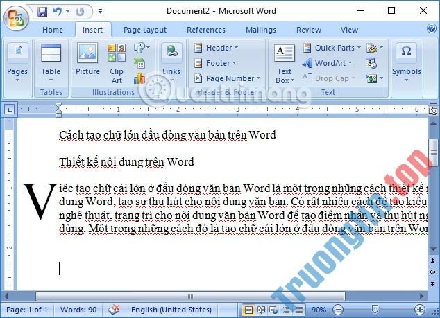 Cách tạo chữ lớn đầu dòng văn bản trên Word