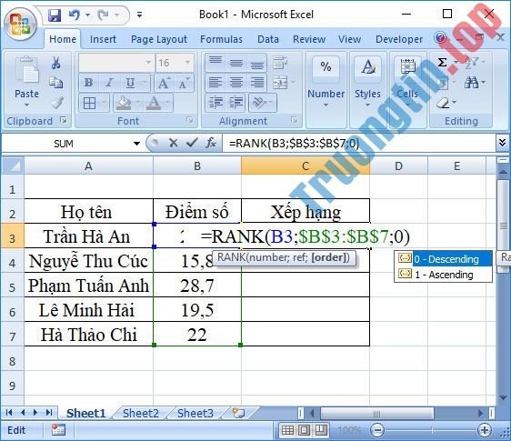 Cách&nbsp;xếp&nbsp;hạng&nbsp;trên&nbsp;Excel&nbsp;bằng&nbsp;hàm&nbsp;RANK