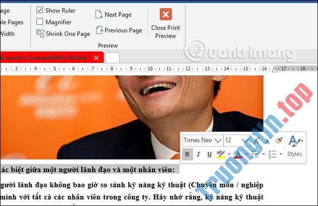 Cách bật chỉnh sửa trong Print Preview Word