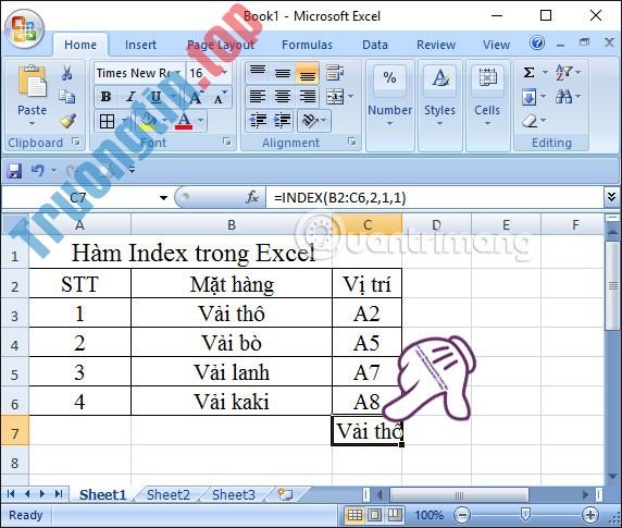 Hàm Index trong Excel: Công thức và cách sử dụng