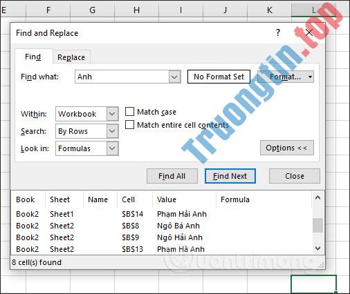 Hướng dẫn tìm tên trong Excel