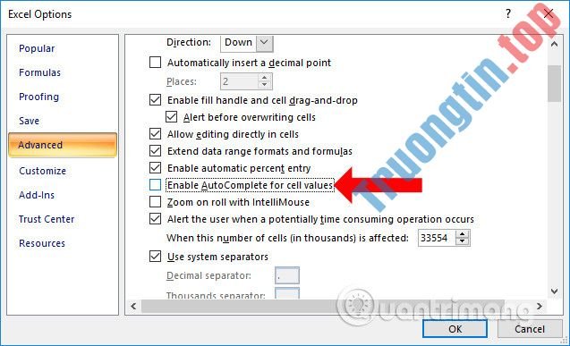 Cách tắt gợi ý nội dung trên Excel