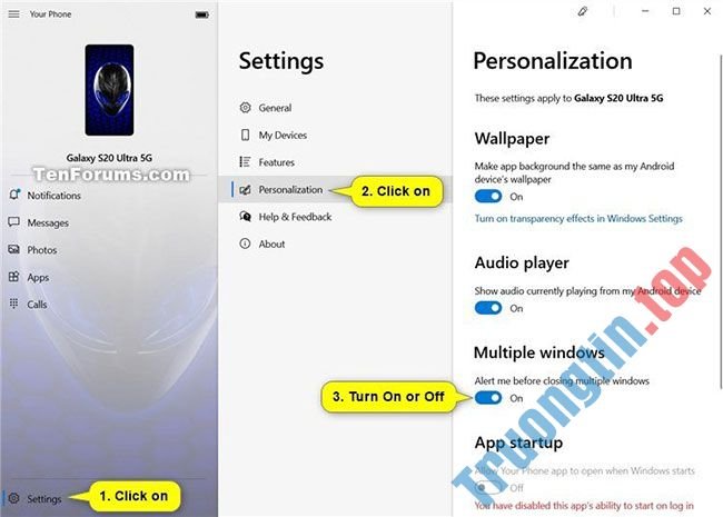 Cách bật/tắt tùy chọn hỏi trước khi đóng nhiều cửa sổ trong Your Phone trên PC Windows 10