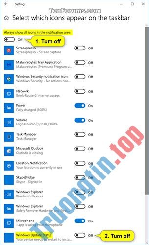 Cách bật/tắt biểu tượng Windows Update Status trong khu vực thông báo Taskbar trên Windows 10